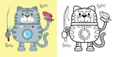 vetor desenho animado ilustração do engraçado gato robô em pé segurando pescaria enfrentar e peixe. coloração livro ou página