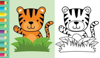 vetor ilustração do fofa tigre aparecendo a partir de arbusto enquanto levantando mão. coloração livro ou página