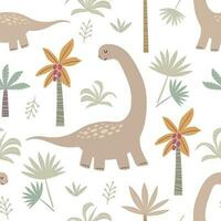 crianças desatado padronizar do fofa dinossauros e selva, Palma árvore. vetor infantil fundo para tecido, têxtil, berçário decoração