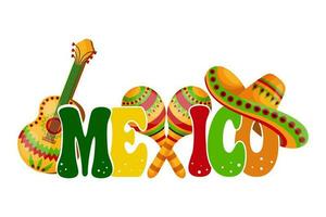 cinco de maionese bandeira. colorida palavra México com sombreiro, maracás e guitarra em branco fundo. poster, feriado bandeira, vetor