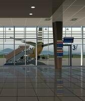 a esperando quarto dentro a aeroporto terminal, lado de fora a janela é uma avião com uma escada. vetor. vetor