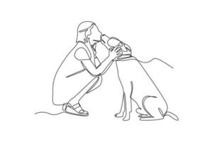 contínuo 1 linha desenhando cachorro Beijos proprietário. urbano animais de estimação conceito. solteiro linha desenhar Projeto vetor gráfico ilustração.