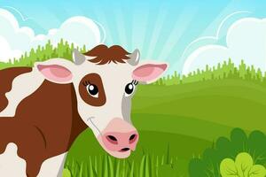fofa visto vaca é sorridente em a fundo do uma verão panorama. ilustração para crianças, vetor