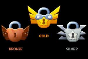 bronze, prata e dourado cadeado. nível símbolo. prêmio jogos ícones vetor