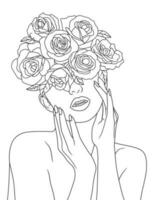 sensual flor cabeça feminino ilustração linha desenho. mulher face com flores linha arte vetor