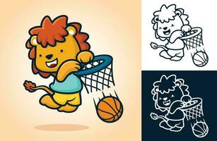 fofa leão jogando basquetebol, colocar a bola para dentro cesta. vetor desenho animado ilustração dentro plano ícone estilo