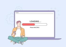 serviço em nuvem, adicionando documentos digitais e conceito de carregamento. jovem carrega conteúdo em redes sociais. personagem masculino se senta com o telefone, grande laptop no fundo. vetor
