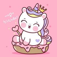 desenho animado de pônei de princesa de vetor de unicórnio de aniversário segurando varinha mágica com fundo de animais kawaii cupcake