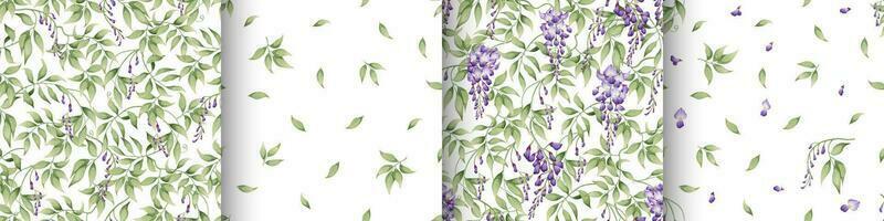 conjunto do desatado padrões com roxa glicínias e verde folhas em uma branco fundo. textura dentro ásia estilo. adequado para tecido, papel, têxtil, papel de parede vetor