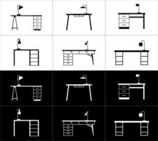 ícones conjunto do mesas com mesa lâmpadas isolado em branco e Preto fundo. vetor