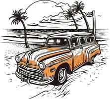 carro dentro frente do uma de praia mão desenhado ilustração, carro mão desenhado ilustração projeto, carro mão desenhado ilustração para camiseta Projeto vetor