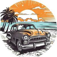 carro dentro frente do uma de praia mão desenhado ilustração, carro mão desenhado ilustração projeto, carro mão desenhado ilustração para camiseta Projeto vetor