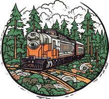 trem dentro frente do uma floresta mão desenhado ilustração, trem mão desenhado ilustração, Camisetas Projeto ilustração vetor