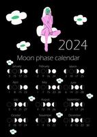 lua fases calendário 2024 com nu mulher corpo dentro brilhante cor. abstrato fêmea silhueta. minguante giboso, encerar crescente, Novo lua, cheio lua com datas. vetor