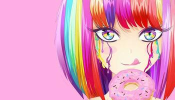 fofa menina com arco Iris cabelo e azul olhos é comendo uma Rosa rosquinha. vetor