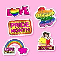 adesivo estilo amor, orgulho mês, super gay, amor para todos, amor vitórias citações com arco Iris e gay casal em Rosa fundo. vetor