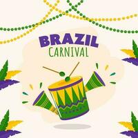 Brasil carnaval celebração conceito com música instrumento Como tambor, vuvuzela, penas e pontos festão decorado fundo. vetor