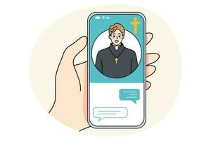 pessoa conversa com sacerdote conectados em celular vetor