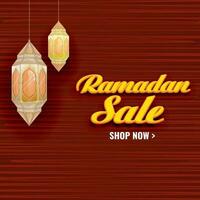 Ramadã venda poster Projeto com árabe lanternas aguentar em vermelho horizontal linhas fundo. vetor