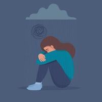 deprimida, triste, infeliz, chateada, chorando mulher sentada sob uma nuvem escura com chuva. psicologia, depressão, mau humor, sentimento de tristeza, perda geral, estresse. ilustração vetorial plana. vetor