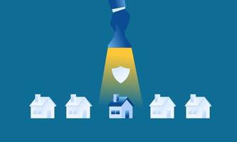 proteção residencial mão grande segurando lanterna para iluminar uma casa ilustração simples seguro residencial vetor