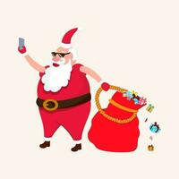 legal santa cláusula vestindo Preto óculos levando selfie com presentes saco. vetor