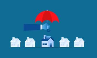 ilustração de seguro simples proteção de casa mão grande segurando guarda-chuva vermelho para proteger a casinha vetor