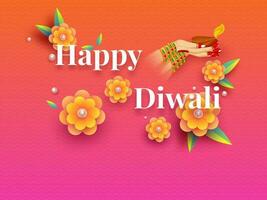 indiano luz festival, feliz diwali com fêmea mãos segurando aceso óleo lâmpadas e papel flores com espaço para seu mensagem. vetor