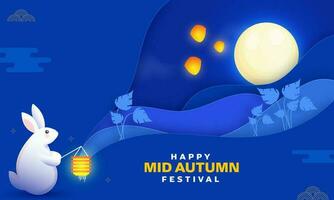 feliz meio outono festival celebração fundo com cheio lua, fofa Coelho segurando iluminado lanterna. vetor