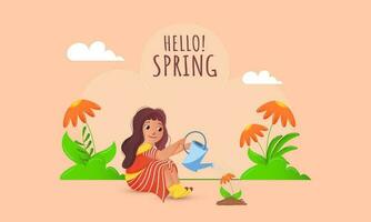 Olá Primavera fundo com fofa menina dando água para margarida flor plantas dentro pêssego cor. vetor