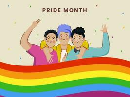 feliz orgulho mês conceito com três desenho animado homens abraçando e arco Iris listra ondulado em bege fundo. vetor