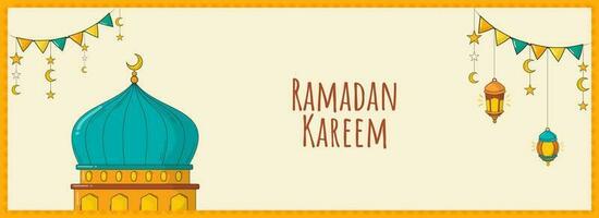 Ramadã kareem bandeira ou cabeçalho Projeto com mesquita, lanternas, crescente lua, estrelas aguentar e estamenha bandeira decorado fundo. vetor