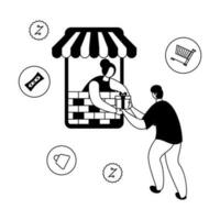rabisco estilo e-shop conceito com sem rosto mulher dando caixa para cliente homem a partir de Smartphone em branco fundo. vetor