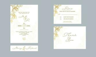 Casamento cartão suíte modelo disposição decorado com dourado linear floral dentro branco cor. vetor