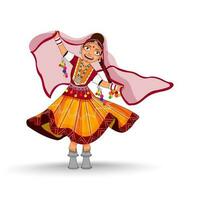 Rajasthani jovem menina fazendo desempenho dentro tradicional vestir. vetor
