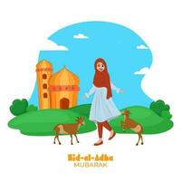 eid al adha Mubarak conceito, islâmico jovem menina jogando com cabras, mesquita ilustração em abstrato fundo. vetor