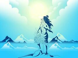 hindu mitologia senhor shiva em pé sobre gelo Rocha em brilho do sol azul montanha fundo. vetor