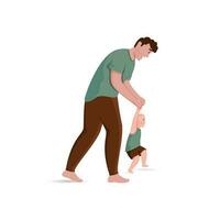 alegre pai ajudando bebê para andar em branco fundo. vetor
