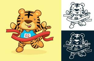 fofa tigre vitórias corre corrida de cruzando a terminar linha. vetor desenho animado ilustração dentro plano ícone estilo