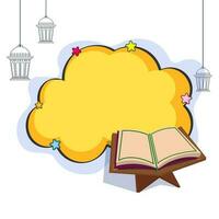 islâmico piedosos livro, aberto Alcorão em ficar de pé com amarelo nuvem em forma quadro, Armação para seu mensagem. vetor