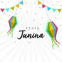 festa junina cumprimento cartão com suspensão lanternas e estamenha bandeiras decorado em branco raios fundo. vetor