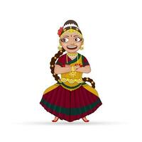 alegre jovem mulher realizando kuchipudi dança dentro tradicional traje. vetor