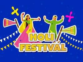 adesivo estilo holi festival Fonte com indiano casal jogando cor balões às cada outro, Alto-falante e estamenha bandeiras em azul fundo. vetor