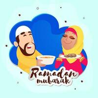 adesivo estilo Ramadã Mubarak Fonte com muçulmano homem e mulher oferta pratos cada de outros em azul fundo. vetor