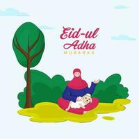 eid-ul-adha Mubarak poster Projeto com islâmico mulher carinhoso Cordeiro em natureza Visão fundo. vetor