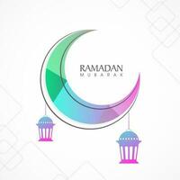 Ramadã Mubarak conceito com gradiente crescente lua e lanternas aguentar em branco fundo. vetor