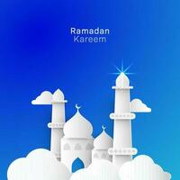 criativo papel mesquita atrás nuvens em azul fundo para Ramadã kareem celebração conceito. vetor