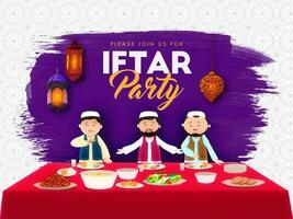 iftar festa convite ou poster Projeto com muçulmano homens mostrando delicioso alimentos às mesa e roxa escova efeito em branco mandala padronizar fundo. vetor