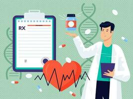 rx médico prescrição. médico prescreve medicação, doença terapia pílulas, analgésico drogas. farmacia ao controle vetor ilustração. diferente farmacêutico formulários.