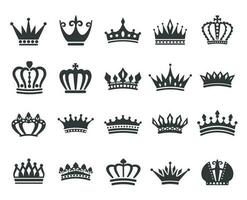 rei coroas ícone silhueta, rainha tiara, real coroa logotipo. poder dinastia realeza emblema, vintage heráldico Preto símbolos vetor conjunto